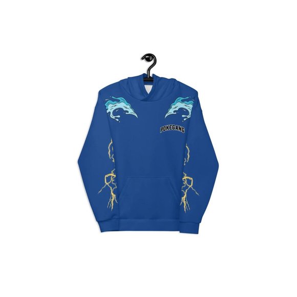 PokeGang Unisex Blue Long Sleeve Kangaroo Pocket Graphic Thunder Hoodie - Picture 2 of 6